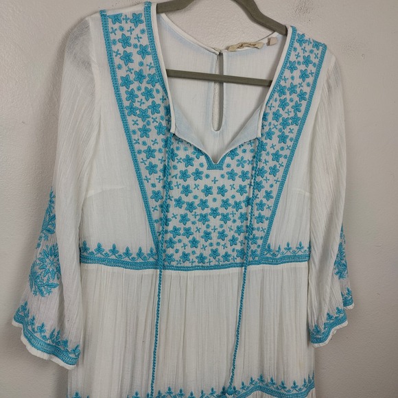 Soft Surroundings Midi Dress Womens XS White Blue Embroidered Tiered Bohemian - Picture 3 of 11